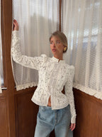 Lace Crochet Stand Collar Slim-fit Long Sleeve Sheer Top