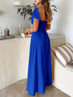 Tie-waist Ruched Puff Sleeve Long Dress