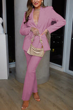One Button Pocketed Blazer and Straight Leg Pants Power Suit Set
