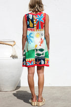 Summer-themed Printed Round Neck Sleeveless Pocket Loose Mini Dress
