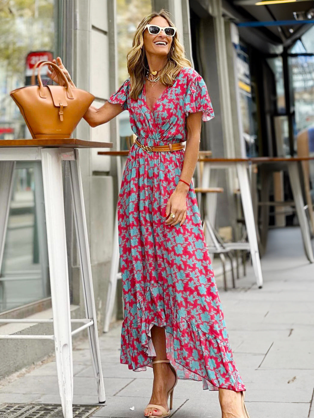 Floral Wrap V Neck Maxi Dress for Women - Boho Flutter Sleeve Ruffle Hem Long Dress - Summer Beach Vacation 2026