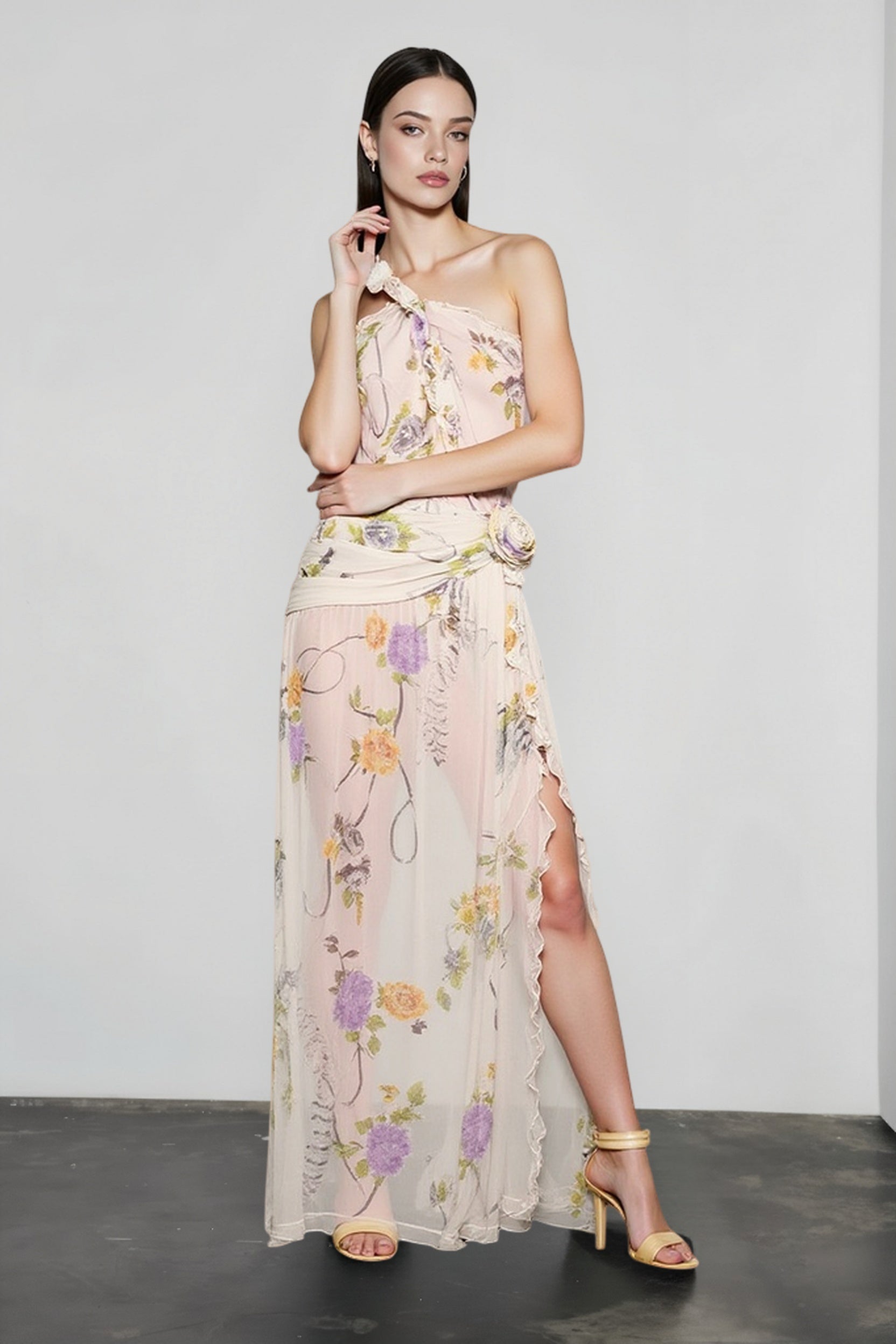 One Shoulder Floral Print Draped Rosette Waist Ruffle Slit Maxi Dress