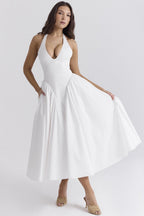 Halter Neck Deep V-Neck Drop Waist Fit and Flare Maxi Dress