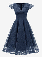 Vintage 1950s Midi Lace Dress for Women - V Neck Cap Sleeve A-line Cocktail Prom Gown - Wedding Guest Wear 2026