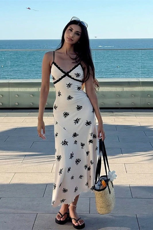 White Spaghetti Strap V Neck Lace Trim Ditsy Floral Print Slip Maxi Dress
