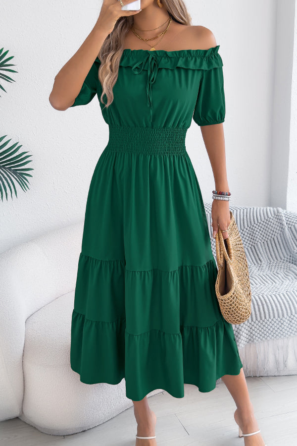 Stylish Off-shoulder Short-sleeved Pleated Waist Casual Midi Dress