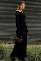 Ribbed Knit Crew Neck Long Sleeve Ruffle Cuff Maxi Dress