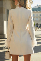 Lacey Minimalist Unforgettable Date Mini Dress with Feather Trim and Long Sleeves in H Line Evening Wear Edit