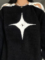 Star Decor Zipper Cutout Loose Sweater