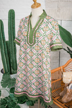 Multicolour Boho Geometric Flower Print Short Sleeve Loose Mini Dress