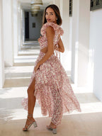 Flowy Flower Dress Plunge High-Slit Backless Maxi Boho Dresses
