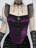Vintage Lace Velvet Splice Irregular Hem Corset Top
