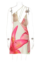 Abstract Print Satin Asymmetrical One Shoulder Draped Cowl Neck Mini Dress