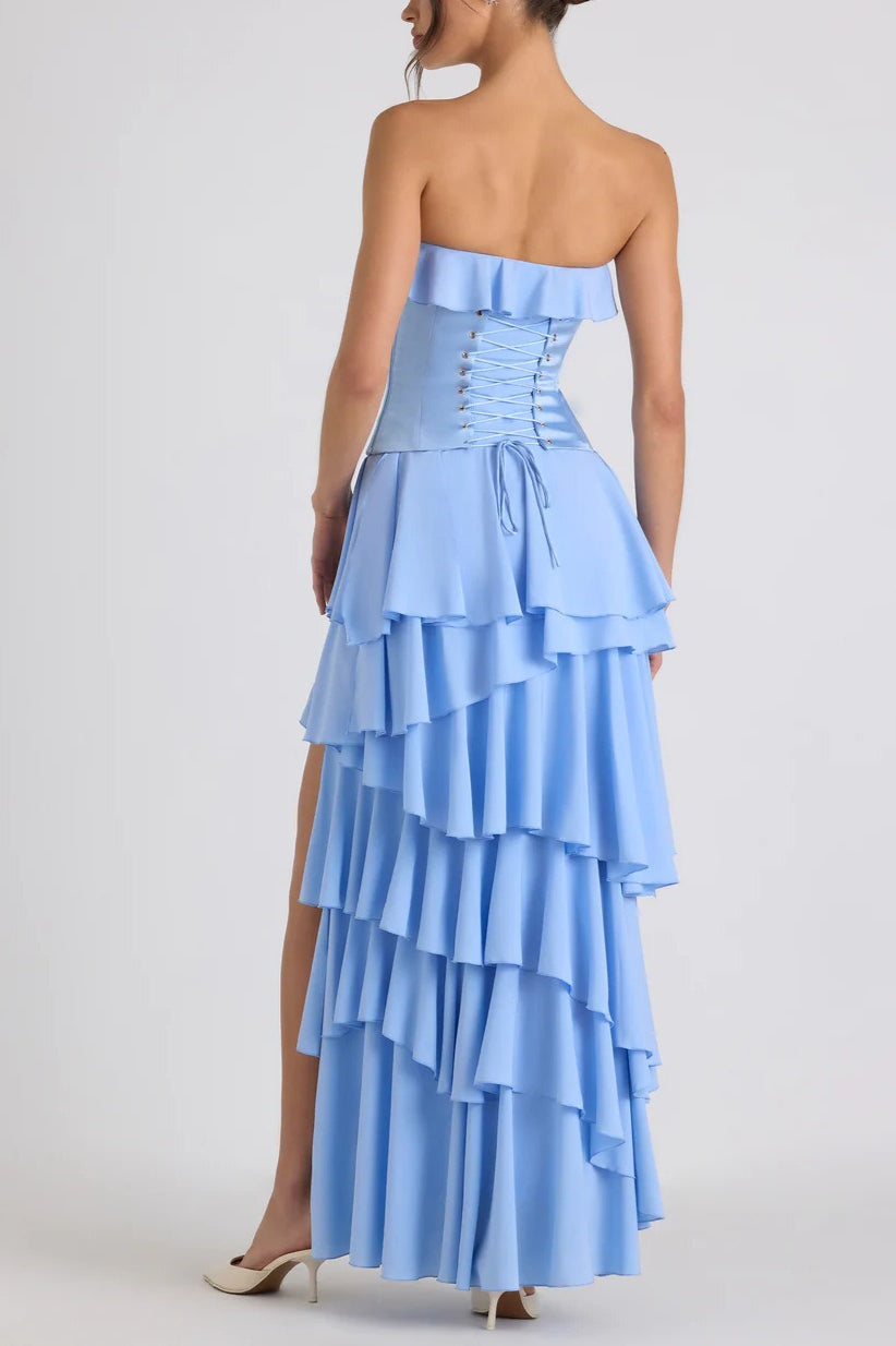 Strapless Ruffle Trim Corset Bodice Tiered Ruffle High Low Split Maxi Dress