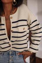 Stripe Button Long Sleeve Knit Blouse