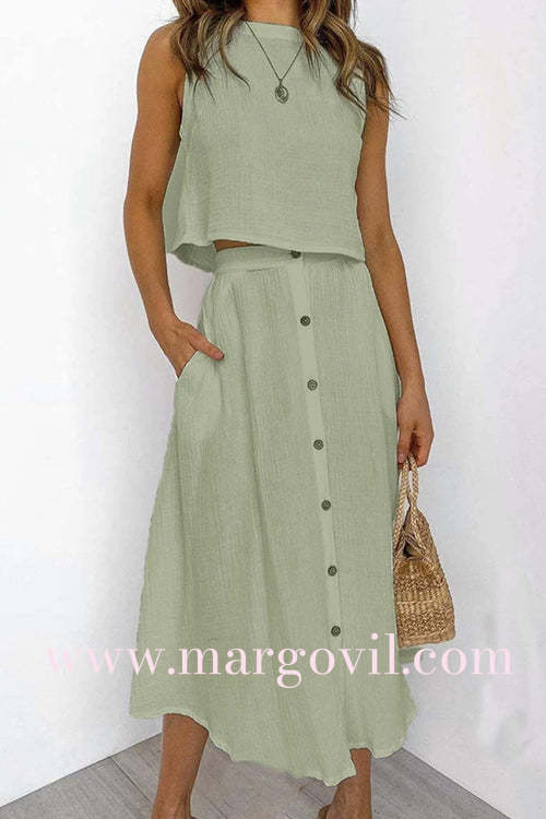 Sleeveless Crop Top and Button Down Skirt Cotton Linen Two Pieces