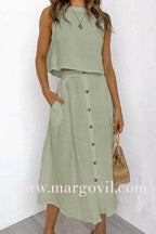 Sleeveless Crop Top and Button Down Skirt Cotton Linen Two Pieces