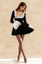 Velvet Square Neck Lace Trim Flared Cuff Long Sleeve Fit and Flare Mini Dress