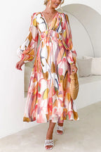 Abstract Watercolor Print Deep V-Neck Lantern Sleeve Smocked Waist Midi Dress