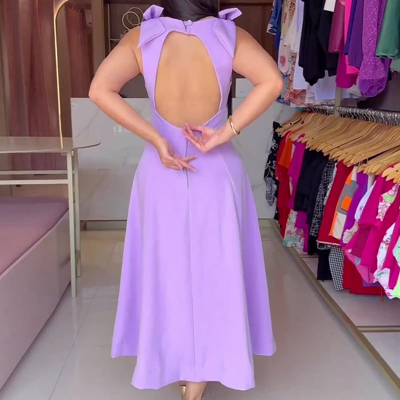 Bow Shoulder Square Neck High Waist Pleated A-Line Midi Dress