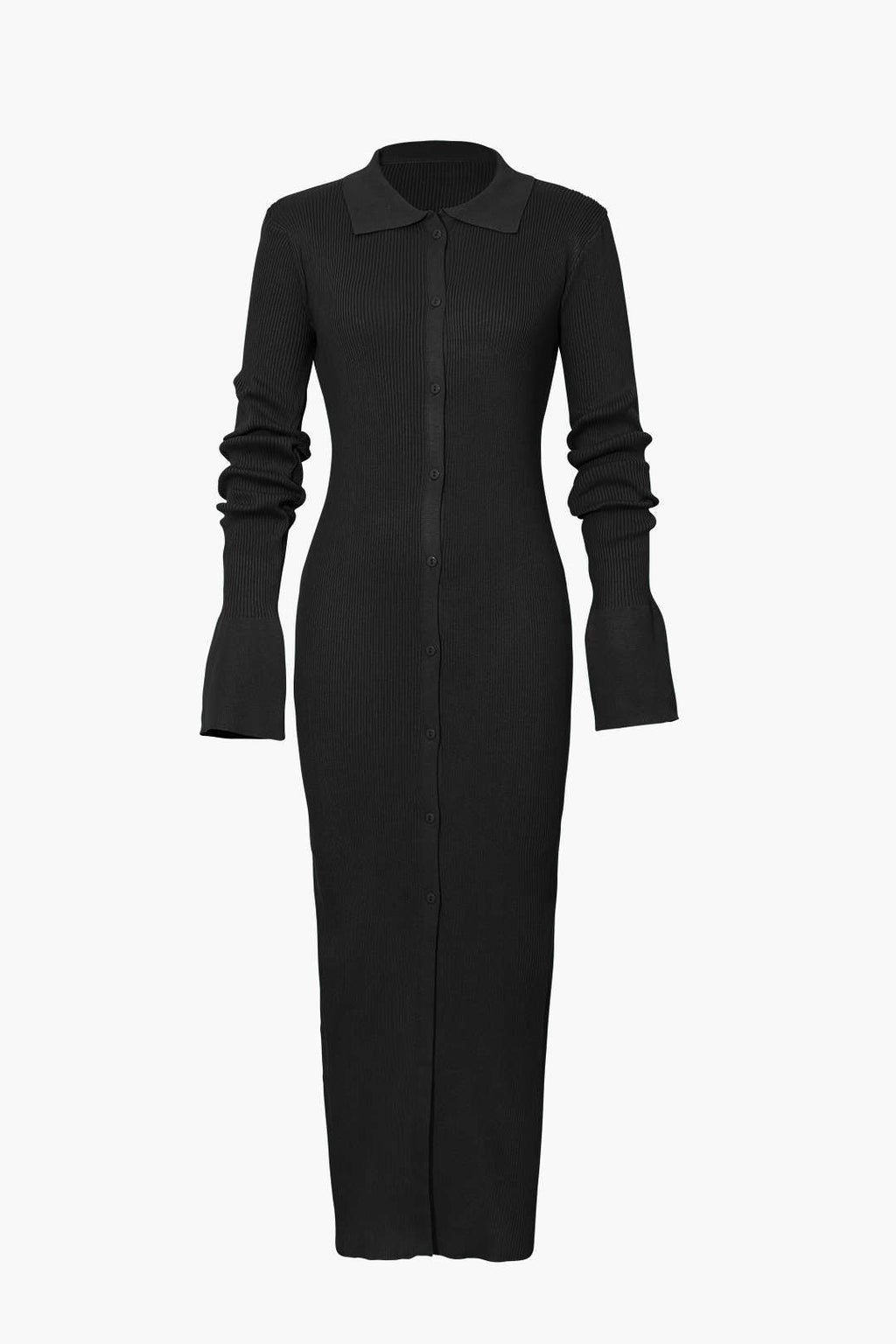 Rib Knit Polo Collar Button Front Flared Cuff Maxi Dress