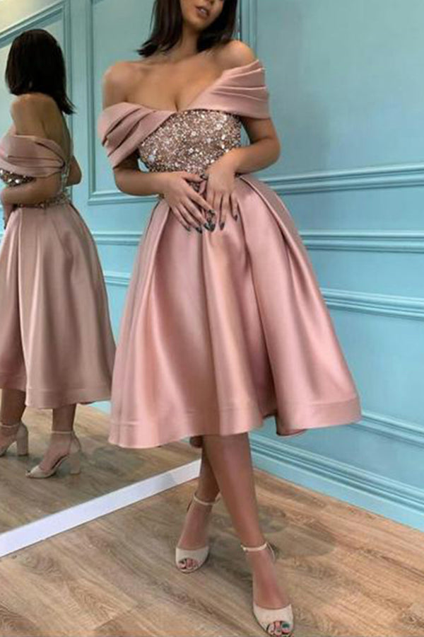 Off Shoulder Sequin Corset Bodice Pleated Satin Cocktail Dress