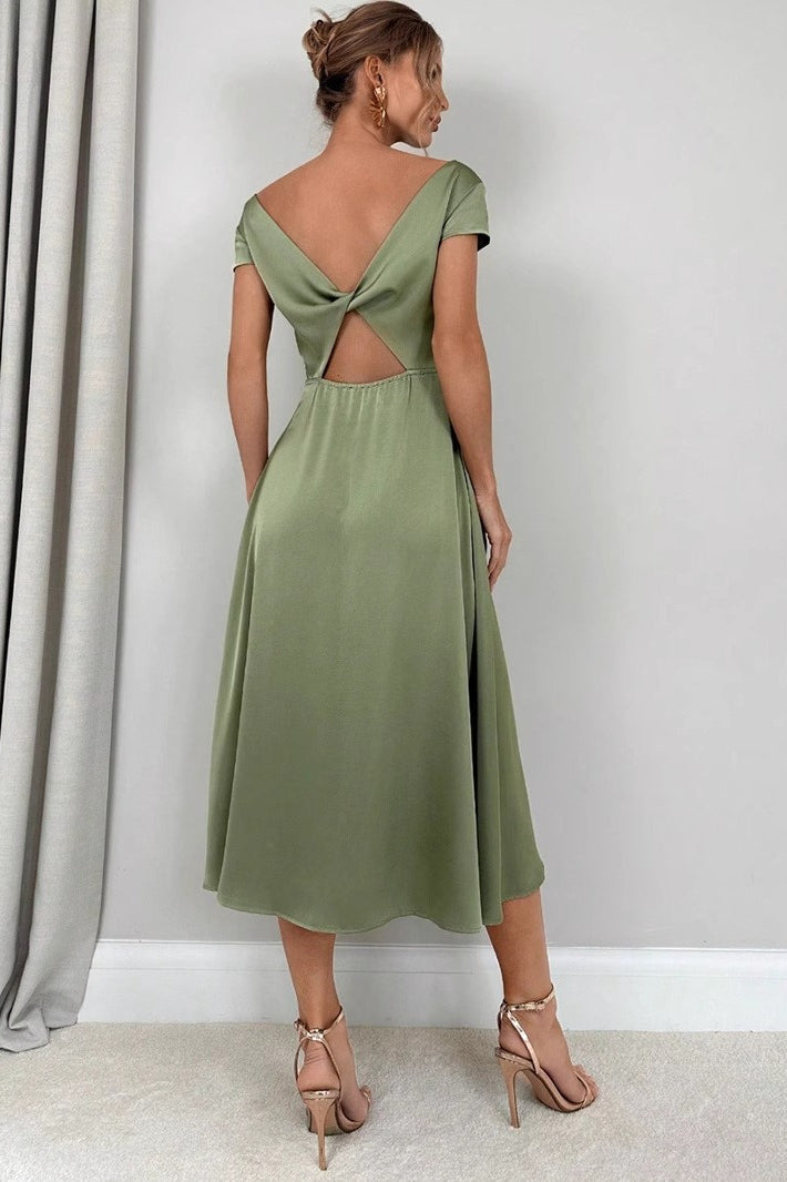Satin Cowl Neck Cap Sleeve Waist Seam Midi Dress
