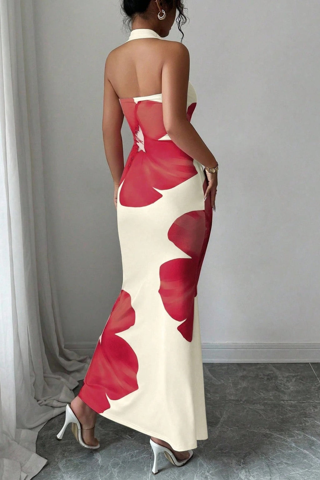 Halter Neck Wide Strap Large Floral Print Bodycon Maxi Dress