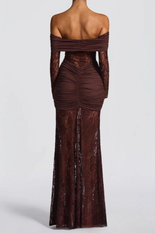 Lace Off Shoulder Long Sleeve Ruched Panel Cut Out Mermaid Maxi Dress