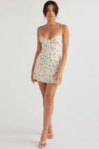 Ditsy Floral Sweetheart Bustier Spaghetti Strap Fit and Flare Mini Dress