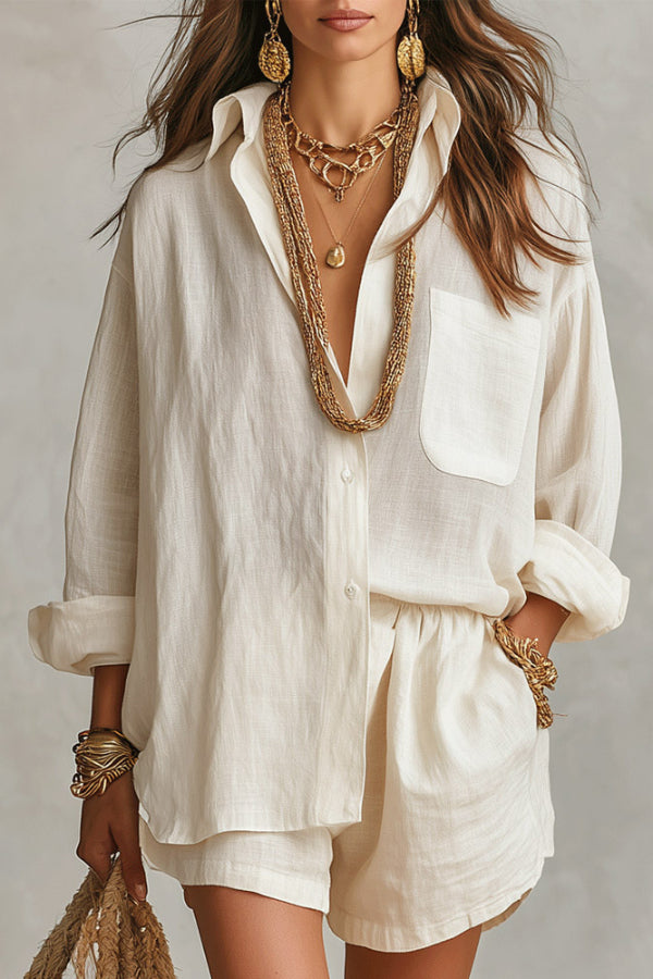 Linen Blend Loose-fitting Long-sleeved Collared Shirt and Elastic Waist Casual Pocket Shorts Set