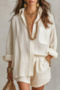 Linen Blend Loose-fitting Long-sleeved Collared Shirt and Elastic Waist Casual Pocket Shorts Set