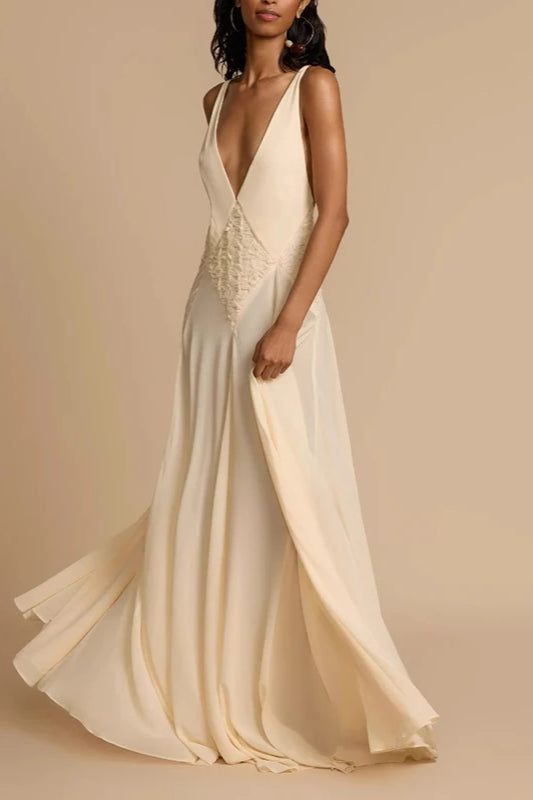Ivory Deep V-Neck Lace Patchwork Dress
