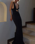 Spaghetti Strap Plunging V-Neck Waist Cutout Bodycon Maxi Dress