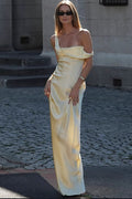 Satin Asymmetric Cowl Neck One Shoulder Column Maxi Dress