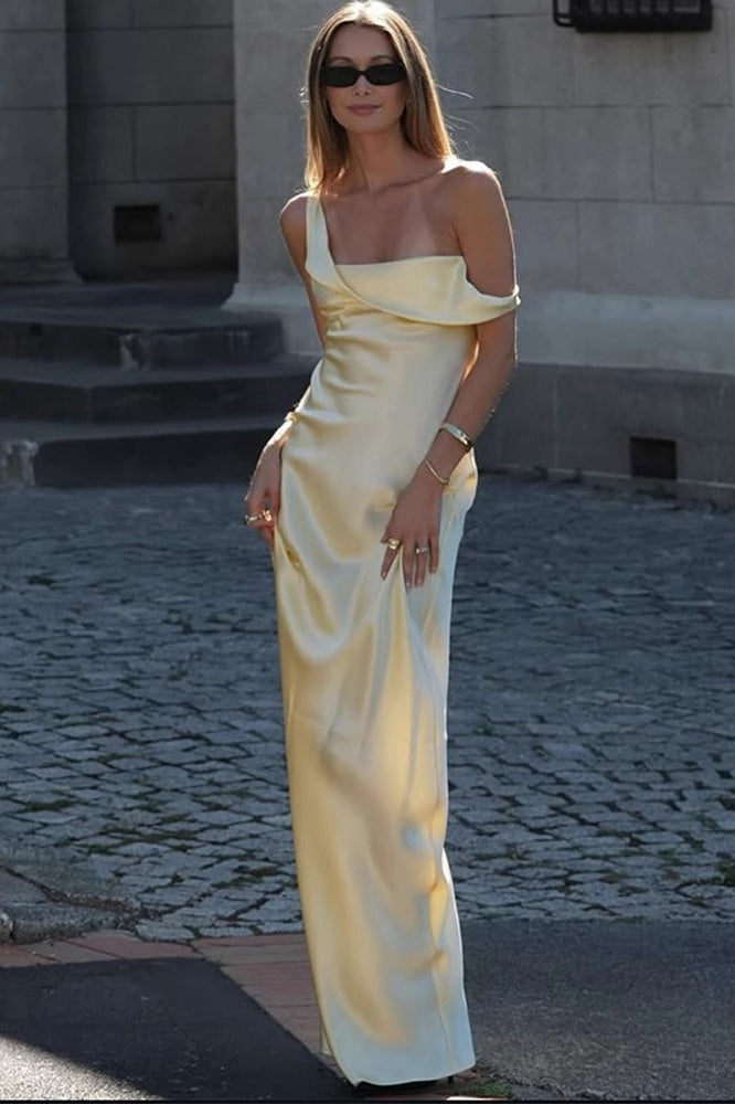 Satin Asymmetric Cowl Neck One Shoulder Column Maxi Dress