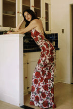 Floral Print Deep V-Neck Spaghetti Strap Bodycon Maxi Dress