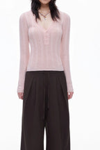 Openwork Wool Blend V-Neck Knit Top
