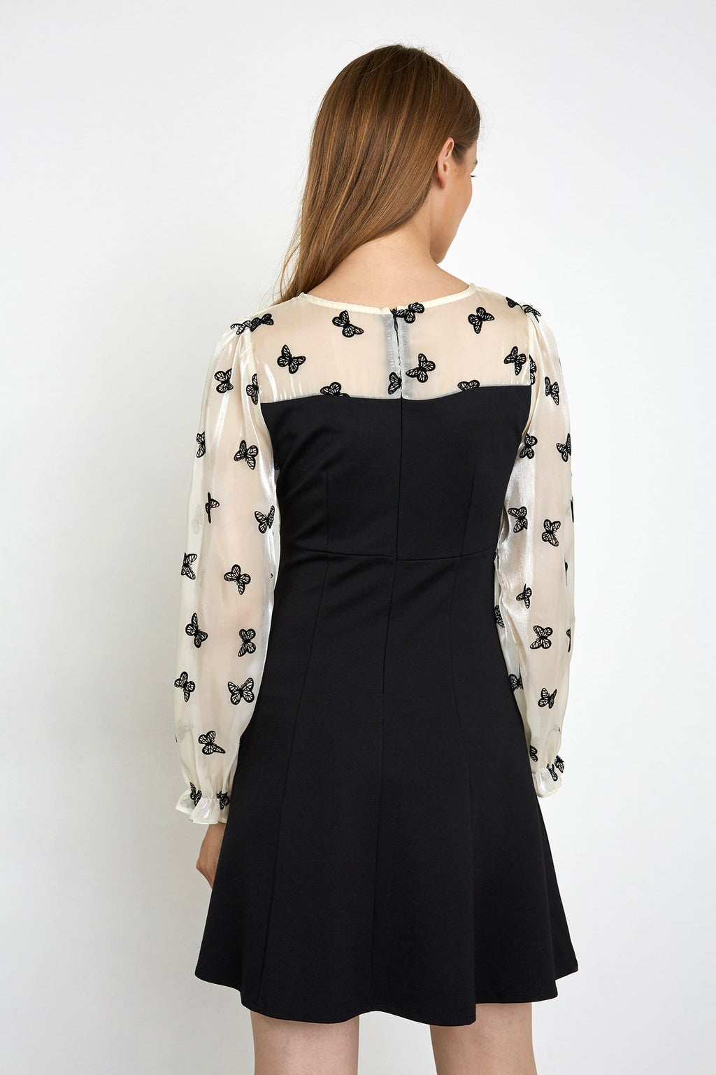 Butterfly Print Ruched Sweetheart Balloon Sleeve Pearl Button Mini Dress