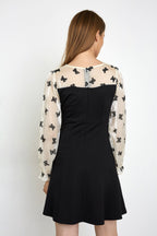 Butterfly Print Ruched Sweetheart Balloon Sleeve Pearl Button Mini Dress