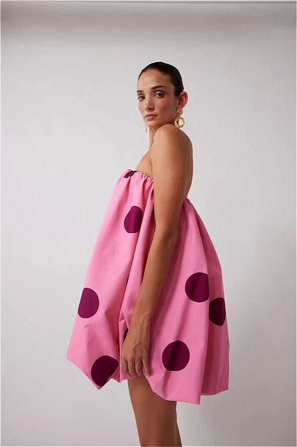 Polka Dot Strapless Bandeau Bubble Hem Fit and Flare Mini Dress