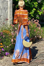Printed Puff Sleeve Deep V-Neck Palm Graphic Tiered Hem Maxi Dress