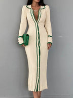 Contrast Color Trim Splice Lapel Neck Slim Midi Dress