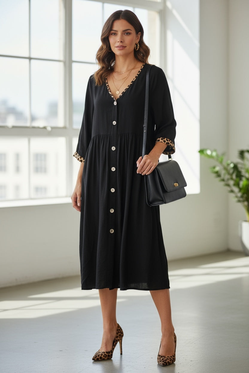 Umgee Black Baby Doll Dress _ V-Neck Button-Down with Leopard Trim Detail