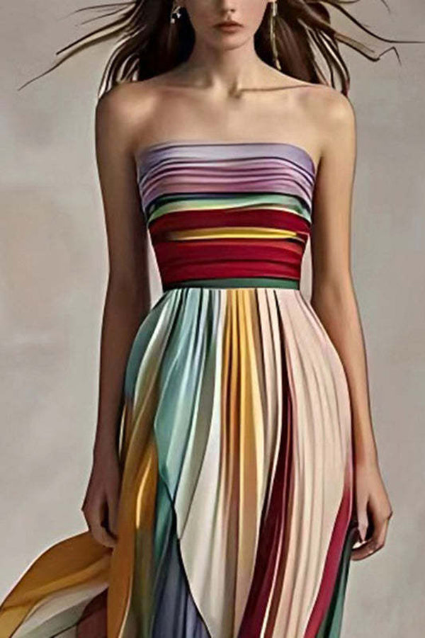Strapless Multi Stripe Pleated Accordion Maxi Dress