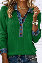 Full Size Denim Trim Button Front Ribbed Knit Top Plus Size