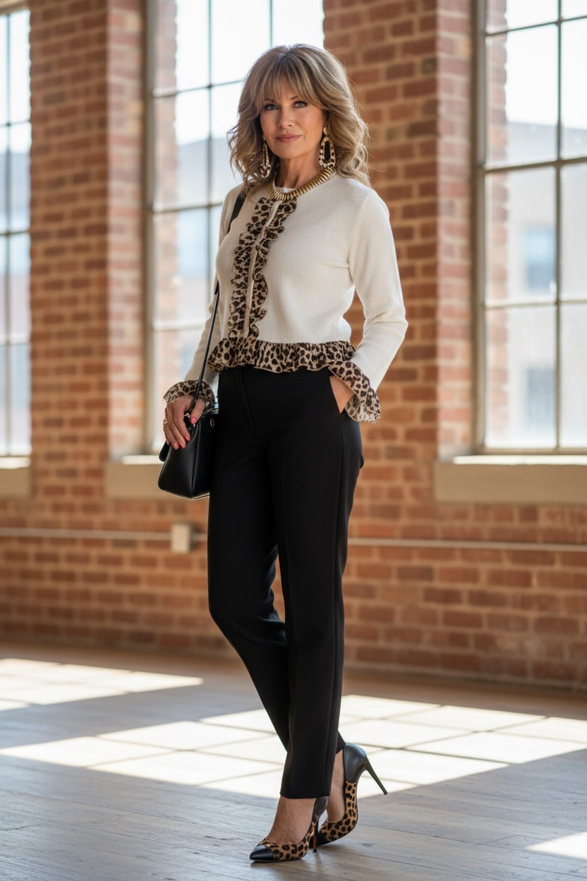 Leopard Trim Ruffle Cardigan _ Buttoned Contrast Ruffle & Chic Stretch Fit