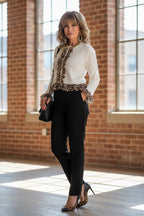 Leopard Trim Ruffle Cardigan _ Buttoned Contrast Ruffle & Chic Stretch Fit