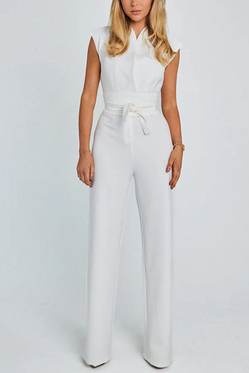 Chic Cap Sleeves Tie Waist Wide Leg Jumpsuit