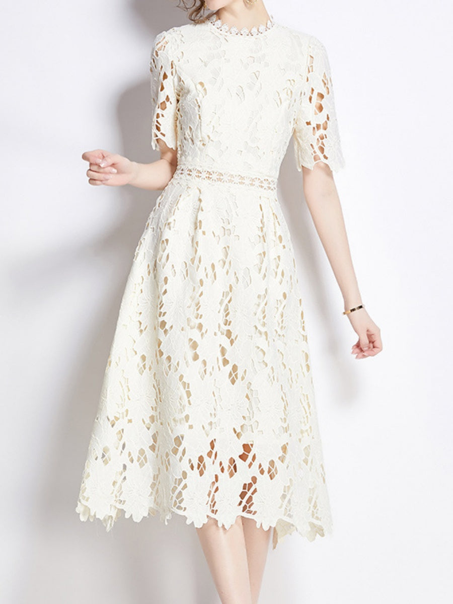 Water-soluble Lace Short-sleeved Slim-fit Midi Dress